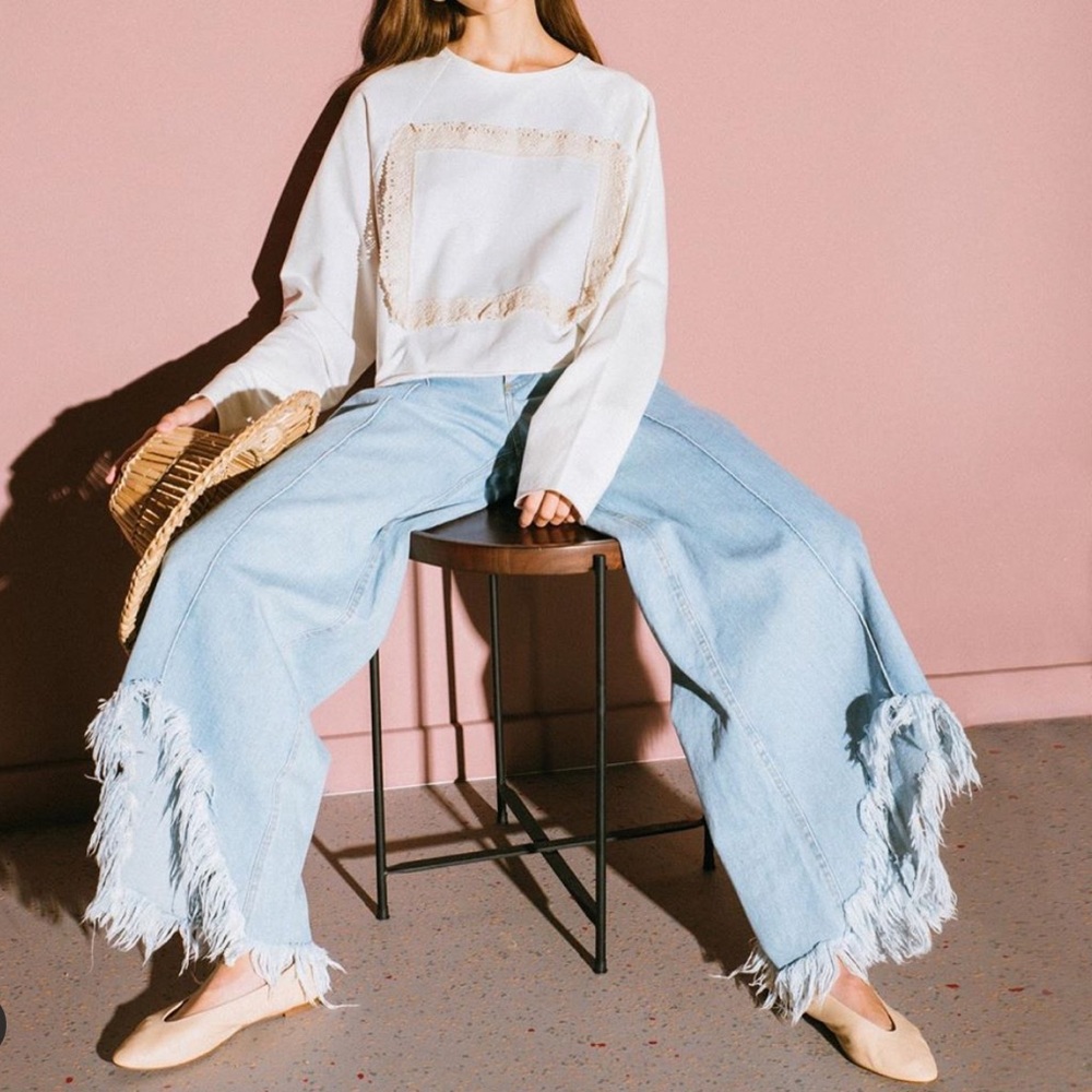 $400 Ksenia Schnaider Street Style Unique Cutout Wide Leg Frayed Jeans NEW - Picture 8 of 11